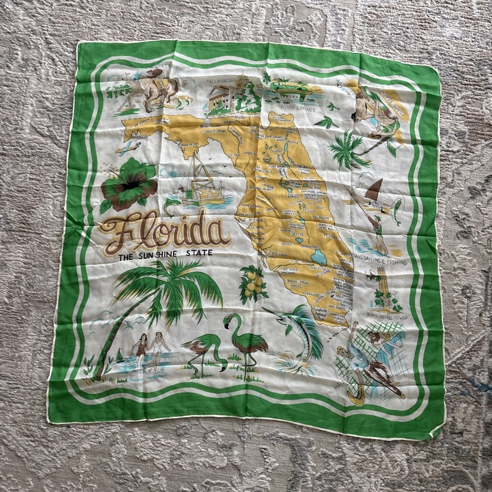 VINTAGE 1950'S/60'S FLORIDA SOUVENIR CHIFFON SCARF Green Retro